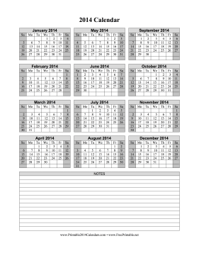 Printable 2014 Calendar on one page (vertical, shaded weekends, notes)